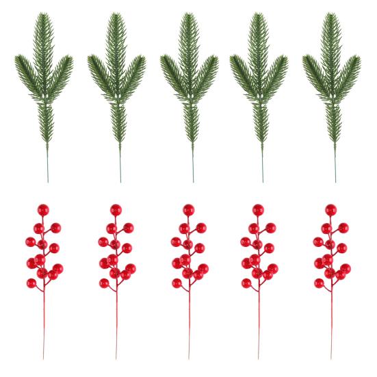Рождественские сосновые ветки с красными ягодами Искусственные стебли зелени для дерева Цветочные композиции Домашний офис Праздничное украшение для центра стола