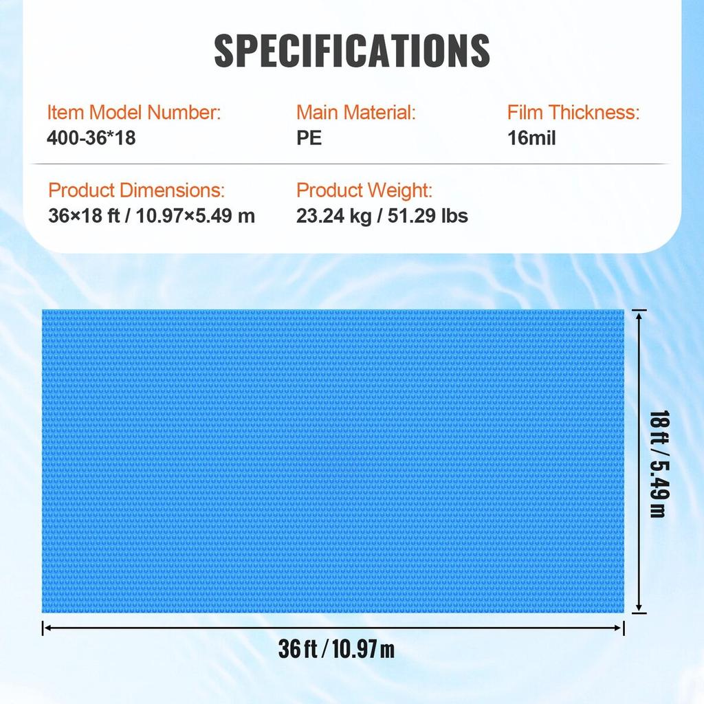Solar Pool Cover, 36 x 18 ft Rectangle Solar Blanket for Pools, Inground Above Ground Swimming Pool Solar Cover, 16 mil Solar Covers Blue