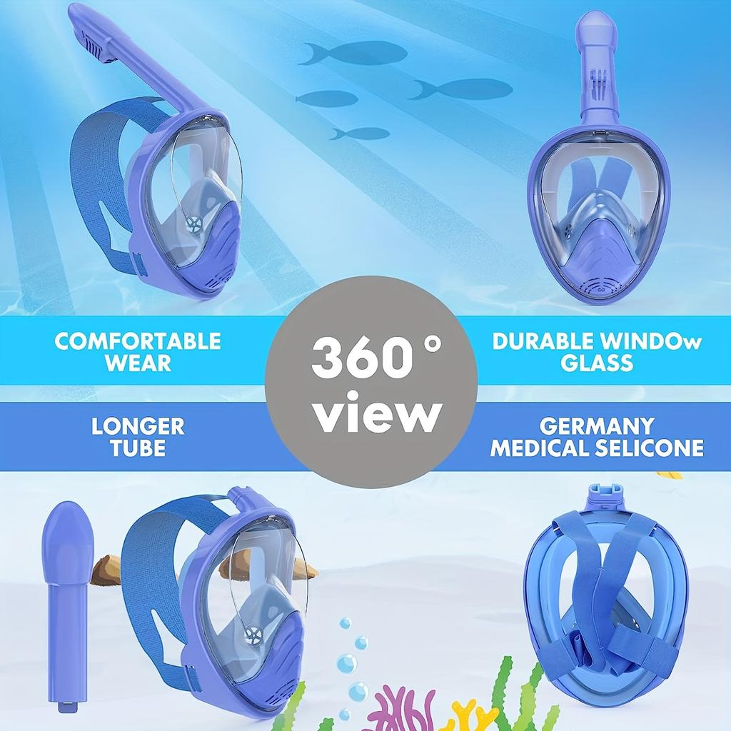 Детская полнолицевая маска для сноркелинга с креплением для камеры, панорамный обзор на 180°, противотуманные и противопротекающие очки для плавания и дайвинга, подходит для мальчиков и девочек
