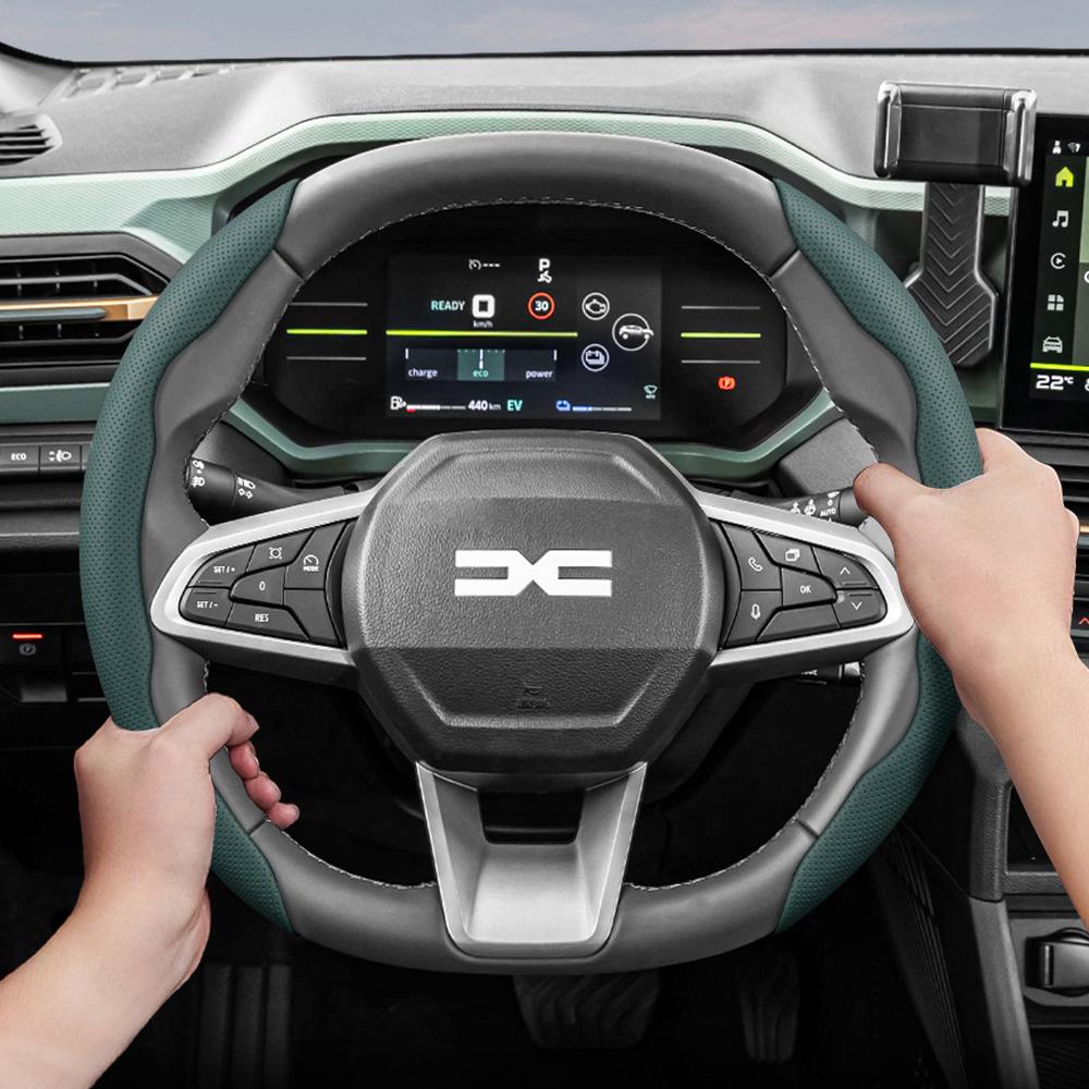 Suitable for Dacia Breathable Leather Steering Wheel Cover with Segmented Quick-Release Design, Non-Slip and Durable, for Sandero Stepway Duster PP24