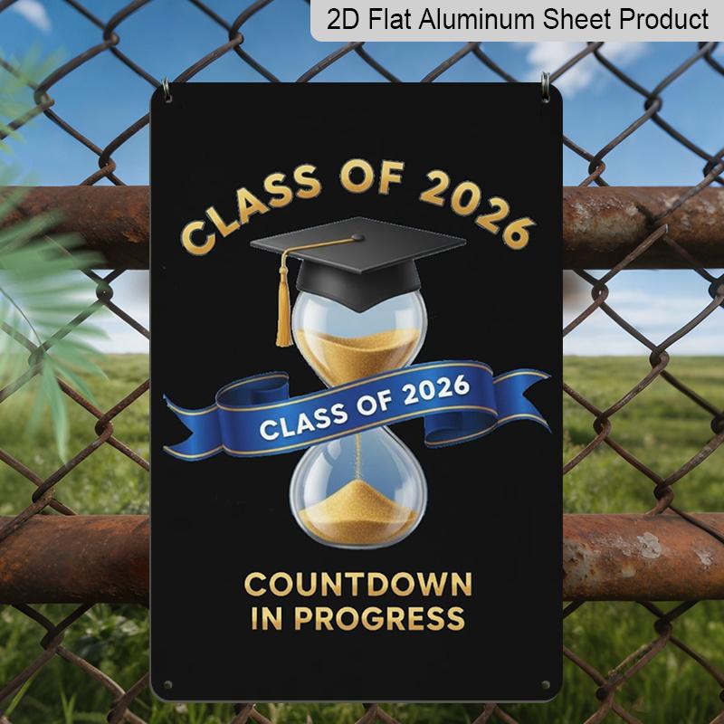 2D Flat, 1pc "Class of 2026 Countdown in Progress" Aluminium Sign - 8"x12" Gold & Blue Graduation Decor, Hourglass & Grad Cap Wall Art, Perfect for