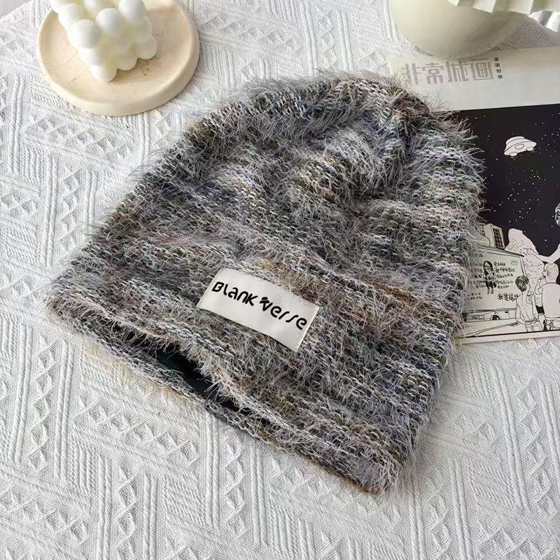 Big head wool hat stack hat female lazy feeling autumn and winter show small face fashion thickened warm knitted hat mixed color