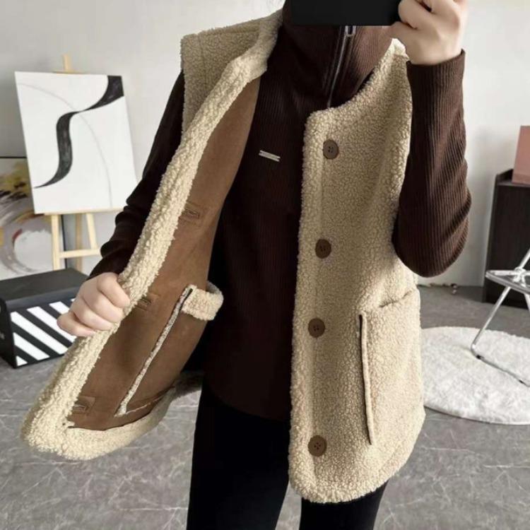 Двухсторонний жилет женский винтажный жилет из овчины двусторонний жилет осень-зима коричневый жилет