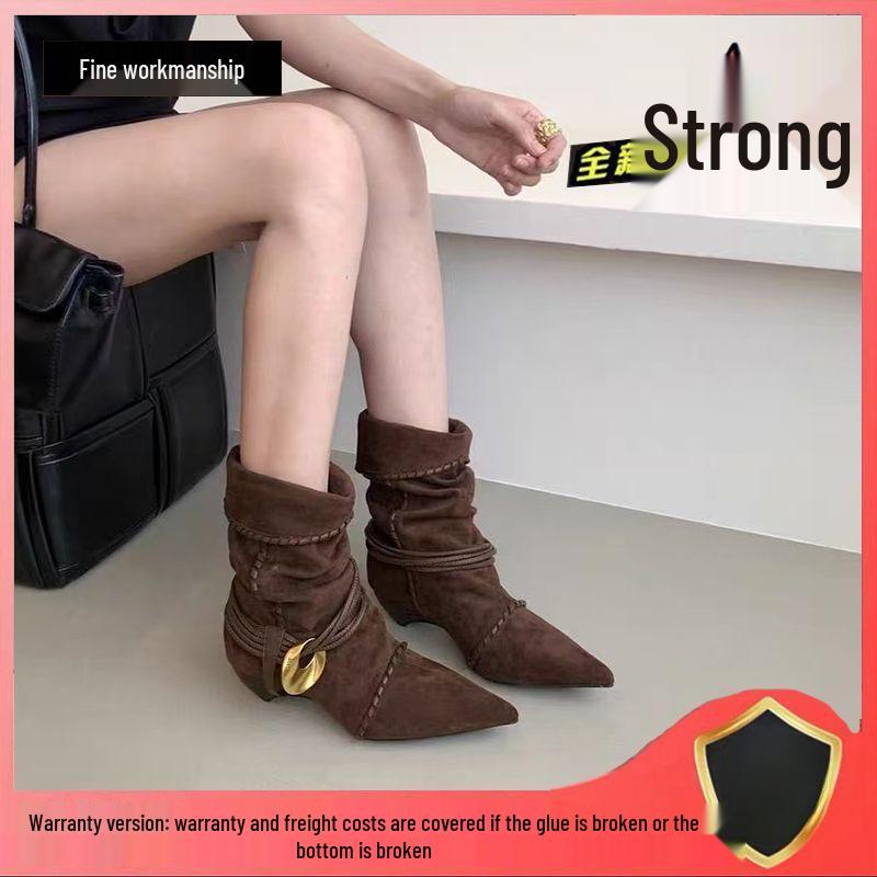 Женские замшевые ботильоны на низком каблуке в стиле ретро 2025: Остроносый, Сборчатый, С завязками, Многосторонний Модный