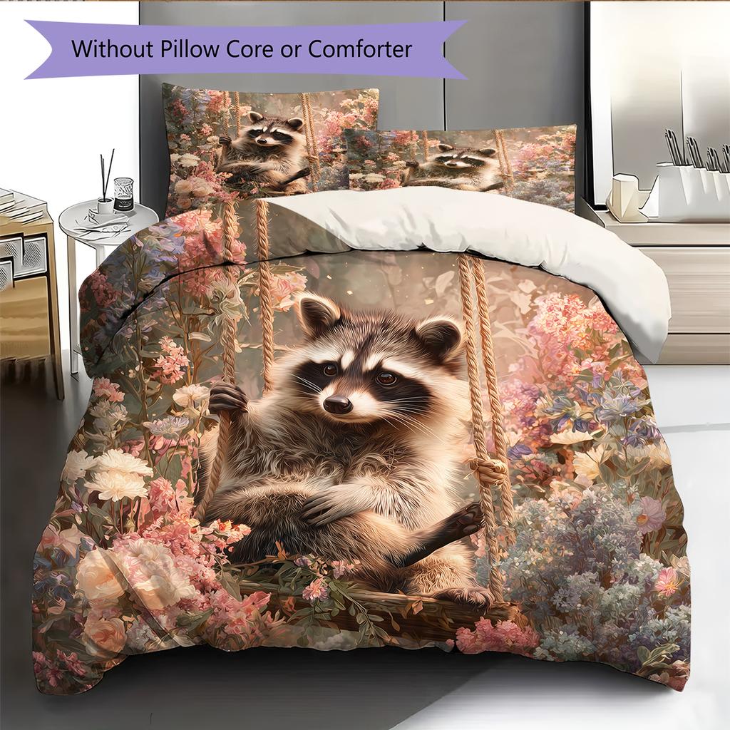 Raccoon and Flowers Pattern Bedding Home Decoration Birthday Gift (1 * duvet cover + 2 * pillowcase, without core)