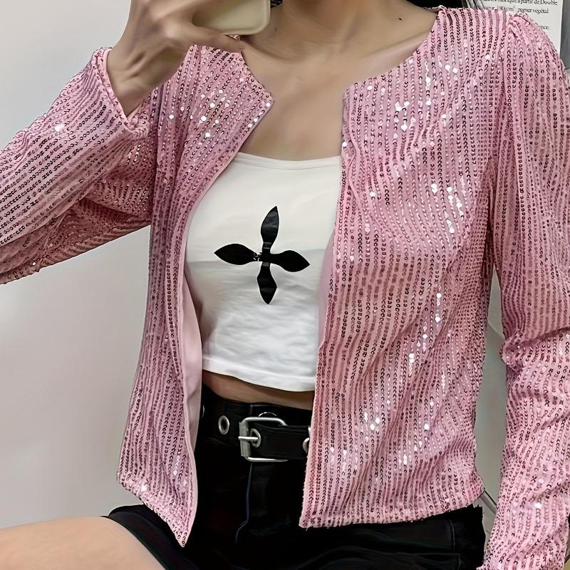 Модная куртка с воротником-стойкой и пайетками, женская осенняя куртка с длинным рукавом, свободная короткая повседневная куртка, элегантная женская куртка с круглым вырезом больших размеров, женский топ 25189