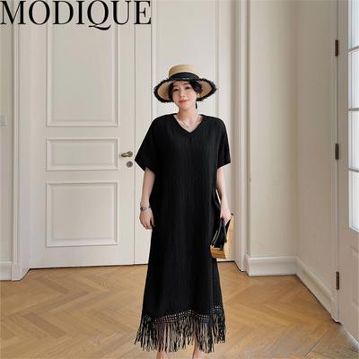MODIQUE, летнее платье больших размеров, новая классическая рубашка, женское свободное хлопковое платье в консервативном стиле с кисточками, однотонные повседневные женские платья с v-образным вырезом