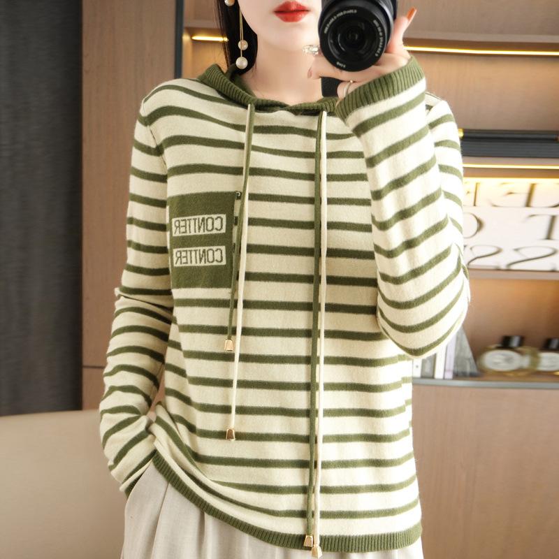 Полосатый вязаный свитер с капюшоном женский осенне-зимний новый свободный повседневный свитер в сочетании цветов носить полосатый свитер
