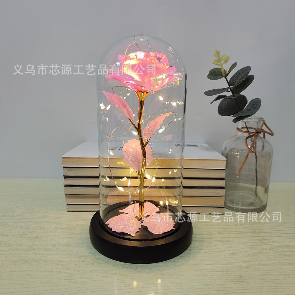 Фабричное золотое полотно Роза Цветок Стеклянный колпак Светодиодная лампа Имитация цветка Подарок на День святого Валентина Креативный подарок Украшения