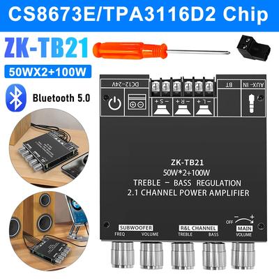 ZK-MT21 ZK-TB21 2x50 Вт + 100 Вт Плата усилителя сабвуфера Bluetooth 5.0 Стерео аудиоприемник 2.1-канальный Мощный аудио стерео усилитель басов