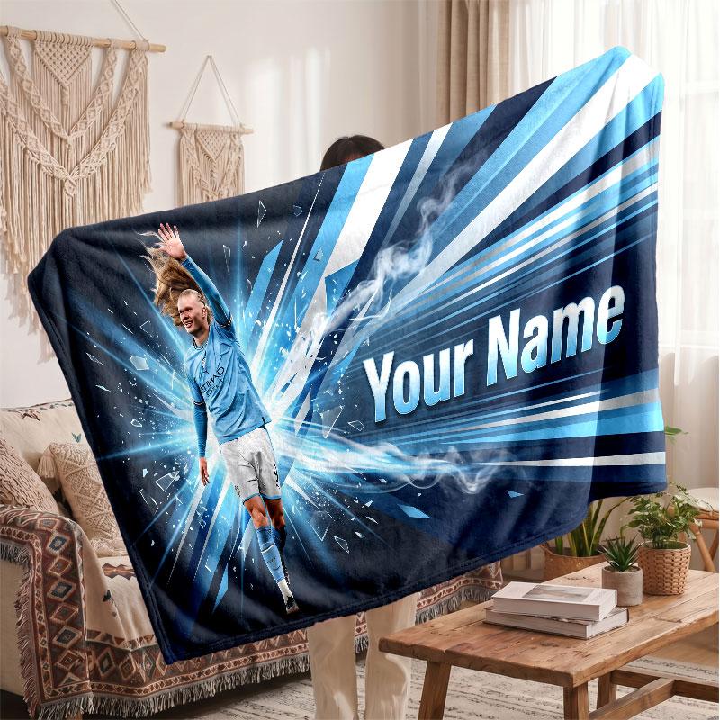 Erling Haaland Personalized Fleece Blanket With Football Logo, Custom Name Text Soft Warm Home Throw Blanket