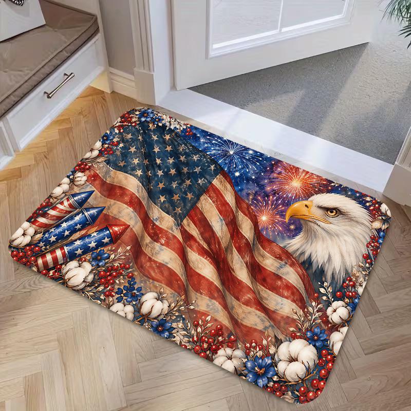 1pc, 2D Flat Printing, American Retro Style Eagle And Fireworks Pattern Indoor Mat, Non-Slip Machine Washable Easy Clean Polyester Carpet, Suitable fo