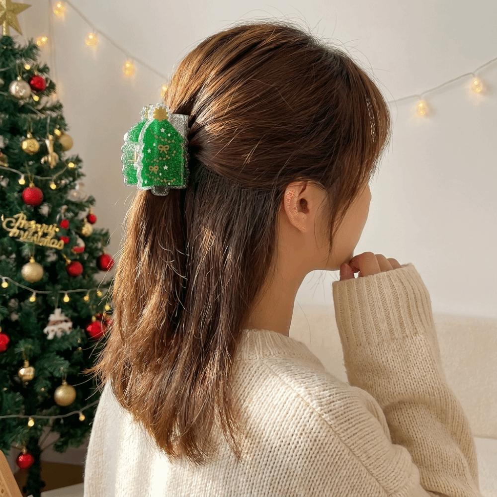 Glitter Christmas Tree Hair Claw Elk Cartoon Hair Grab Clip Cute Santa Claus Shark Clip Women