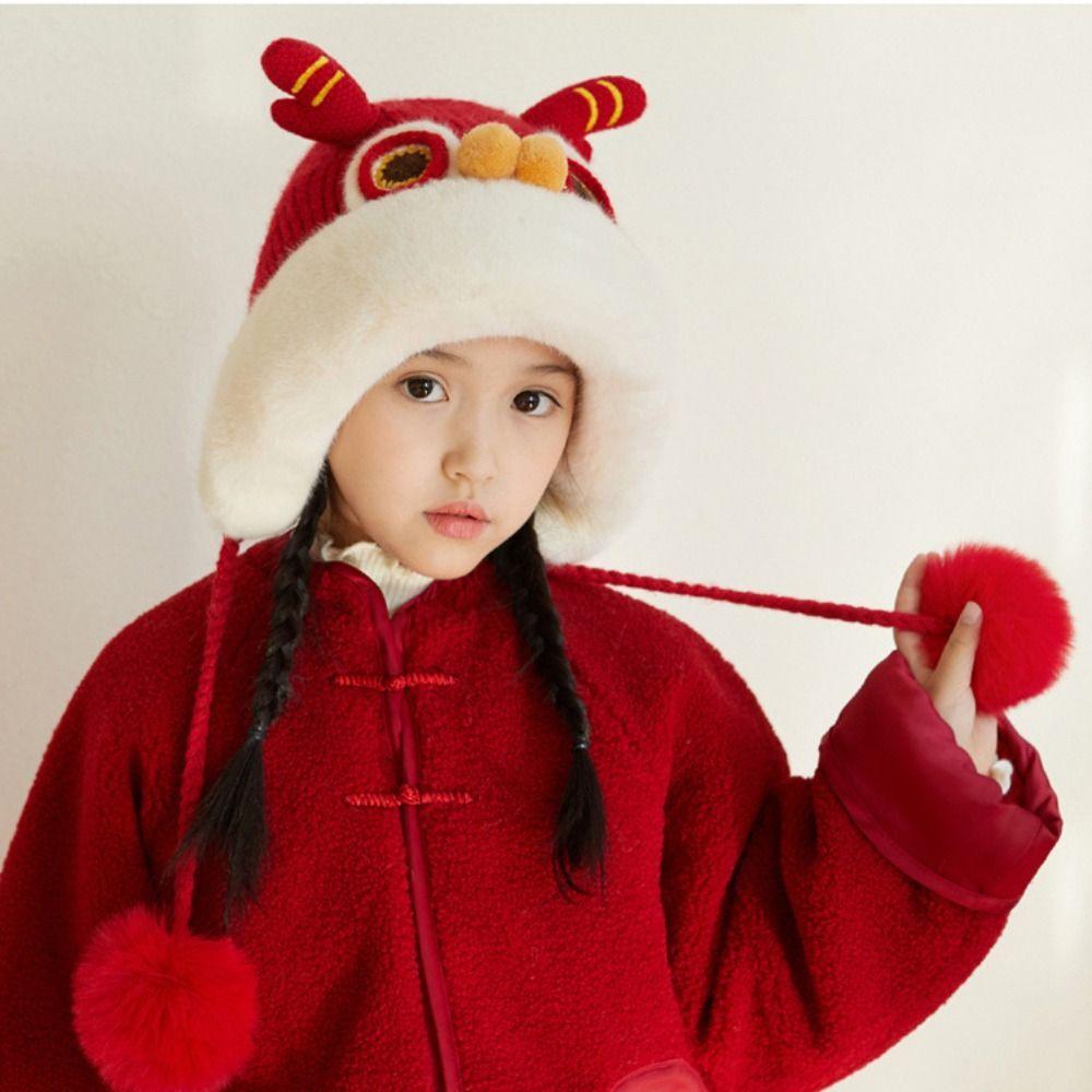 Hairball New Year Lion Cap Embroidery Cap Kids Beanie Cap Unique Children Fleece Hat Ear Protector