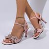 Fashion High Heels Women's New Summer Square Toe Open Toe Rhinestone Bow One Buckle Slip Anti-Slip Wear-Resistant Stiletto Sandals