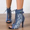 Rubber Sole Latin Dance Boots Sexy Modern Shoes Dance High-heeled 6-8cm Sandals Lace-up Hollow Belt Buckle Fashion Square Denim
