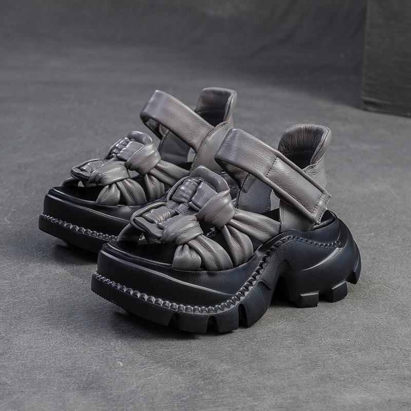 Johnature Дышащие сандалии с открытым носком из натуральной кожи ручной работы, ретро, для通勤, женская обувь на платформе