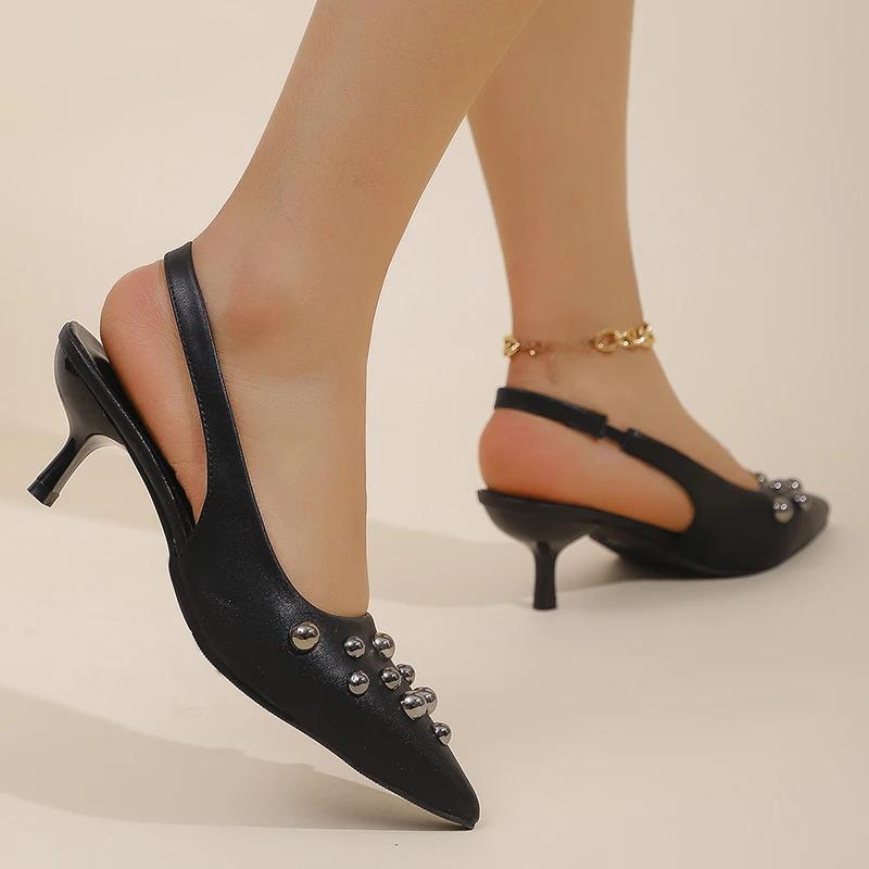 Модные Zoki Fashion Босоножки на высоком каблуке с заклепками Женские Сексуальные с острым носком На тонком каблуке Мюли Туфли Женские Элегантные Слипоны Черные Босоножки Женские