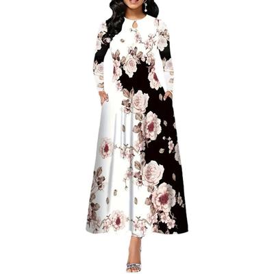 Женское длинное элегантное платье с круглым вырезом и принтом на карманах