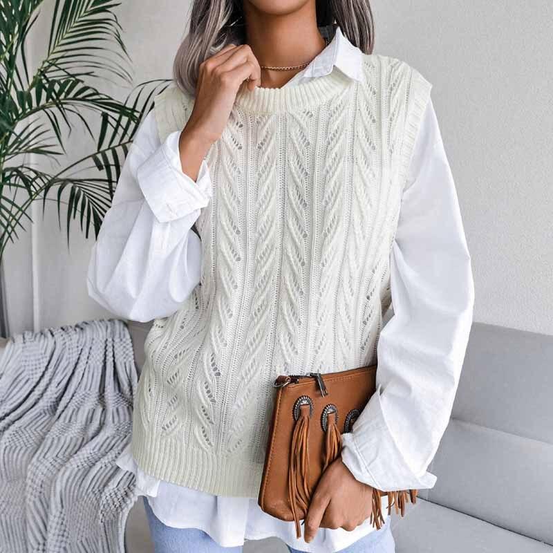 Пуловер без рукавов, женский свитер, жилет, свободный теплый повседневный вязаный жилет, свитер, осень-зима, женский жилет с круглым вырезом, топы 18139