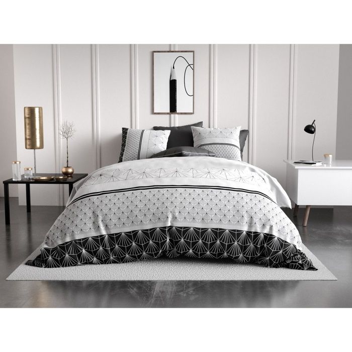 Parure de lit - Housse couette 220x240 cm - 2 taies - Graphique - Noir et blanc - Coton doux