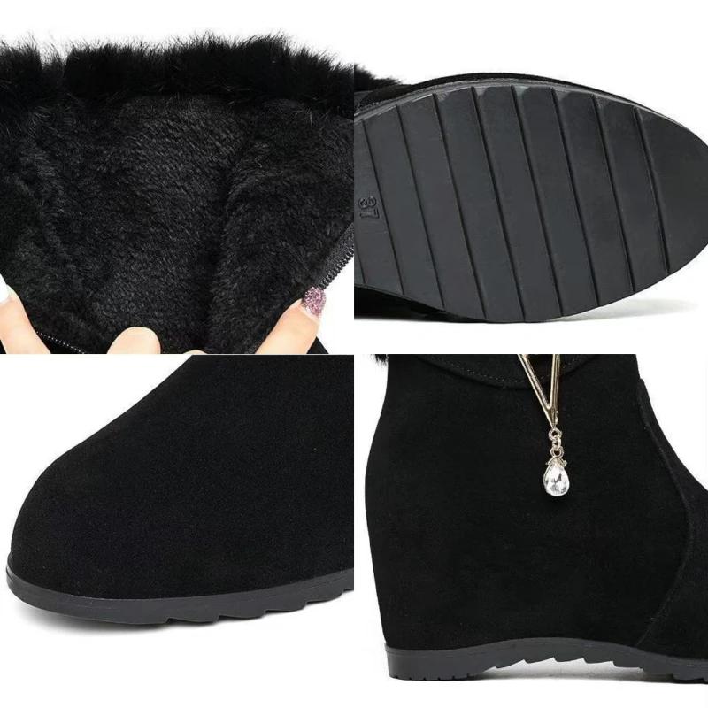 Модные зимние женские ботильоны на танкетке, увеличивающие рост, женские туфли-лодочки на платформе со стразами, плюшевые женские сапоги, удобные ботинки