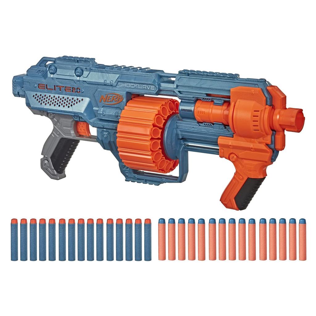 Ручной бластер Nerf Elite 2.0 Shockwave RD-15 поставляется с 30 официальными дротиками, оснащен 15-зарядным вращающимся барабаном для дротиков + тактическим рельсовым помповым механизмом Slam