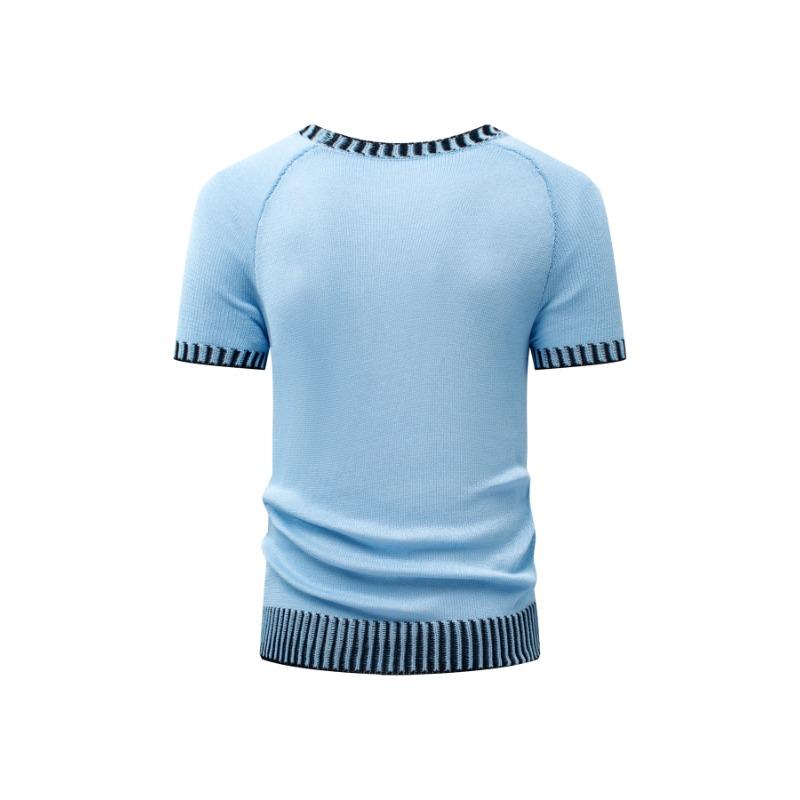 Men's Light Blue Contrast Stripe Trim Crew Neck Raglan Short Sleeve Knit T Shirt