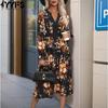 Women's Fashion Spring Fall Flower Pattern Print Long Sleeve V-Neck Middle Waistline Casual Dresses