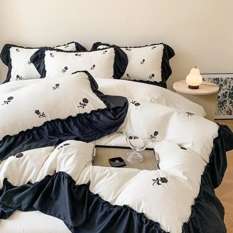 3/4PCS Rose Embroidered Duvet Cover Set (1*Duvet Cover + 2*Pillowcase, Without Core), Princess Style Lace Bedding Sheet Sets