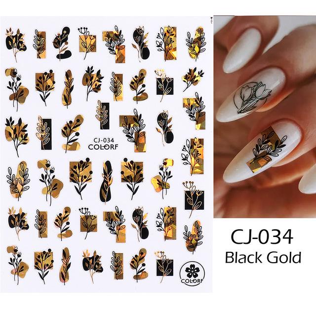 3D Flowers Leaves Nail Stickers Decals Gold Black Bronzing Flowers Gradient Adhesive Sticker Nail Design Art Decorations