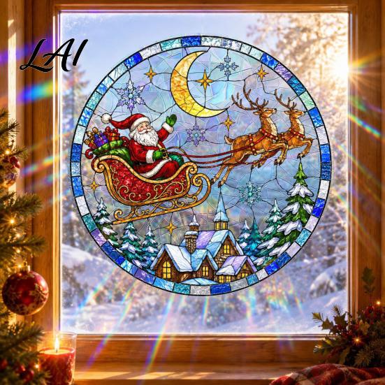 Christmas Window Decals Santa Sleigh Suncatcher Style Static Glass Cling Stained Festival Atmosphere Cling Sticker