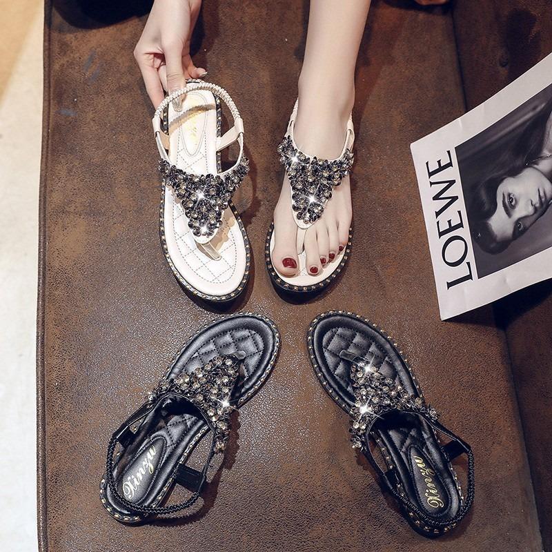 Большие размеры бохо клип носок сандалии женские летние плоские со стразами женские пляжные сандалии
