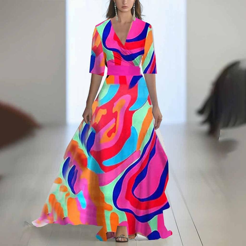 Ladies' Casual And Fashionable Color Printed Patchwork V-neck Long Dress