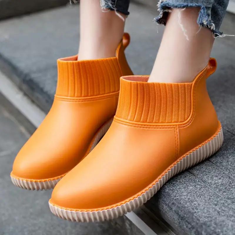 Женские нескользящие однотонные резиновые сапоги на плоской подошве, водонепроницаемая резиновая обувь без шнуровки, уличная рабочая обувь