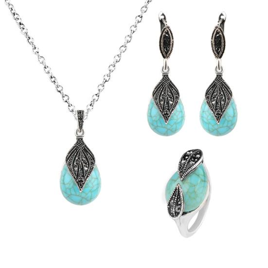 Винтажный лист с подвеской из искусственной бирюзы, ожерелье, кольцо, серьги на спине, комплект ювелирных изделий