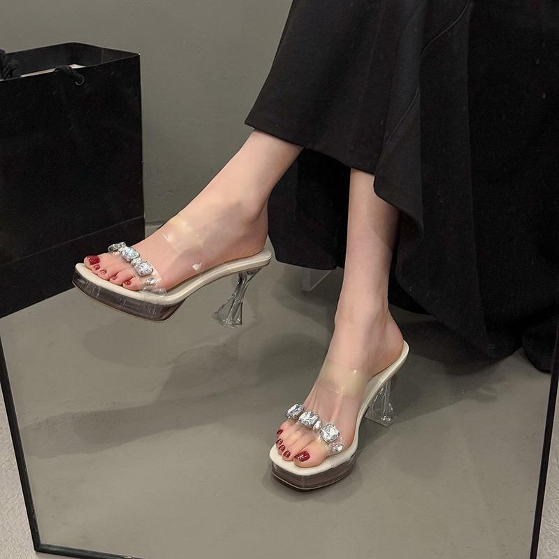 Модные босоножки на блочном каблуке со стразами, летние новинки, квадратный носок, открытый носок, платформа, прозрачный ремешок, хрустальные шлепанцы на высоком каблуке