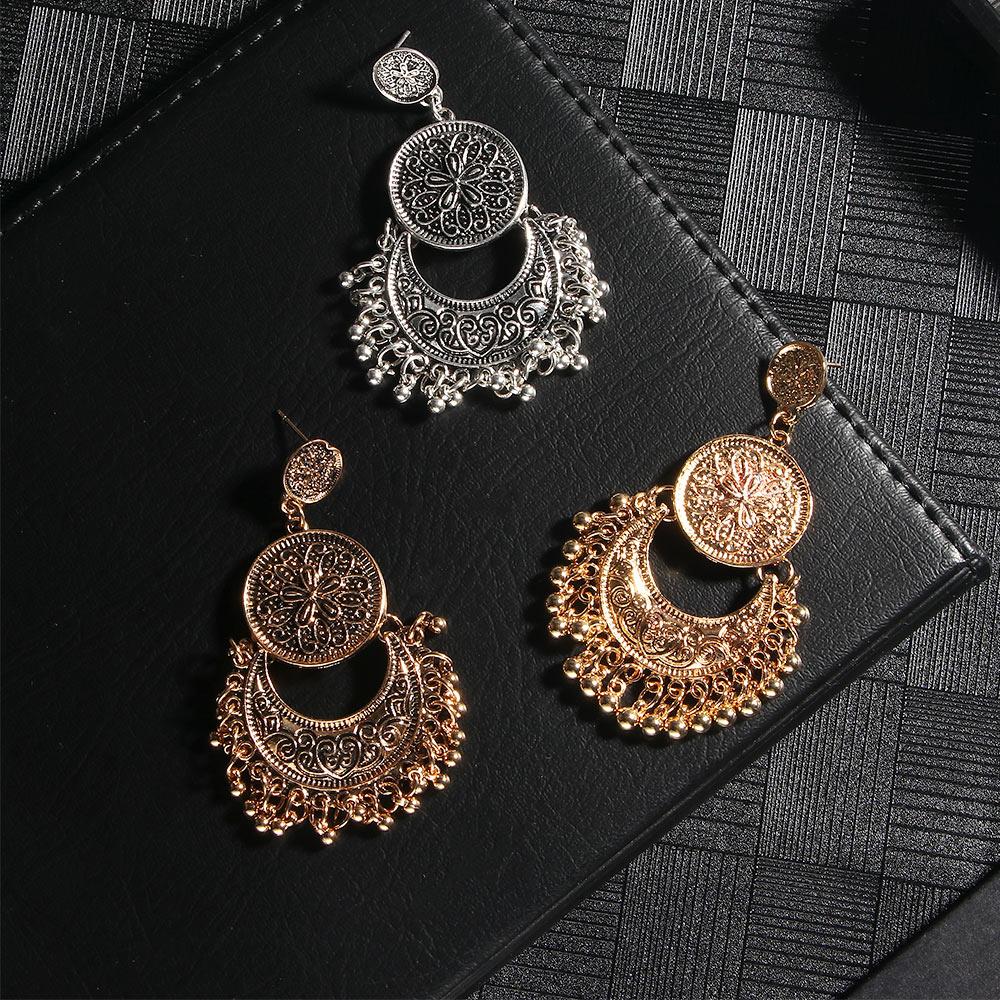 Classic Ethnic Boho Jewelry for Women Carved Flower Small Bells Dangle Earring Drop Earrings Tassel