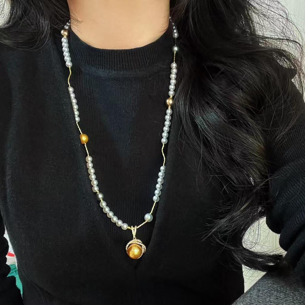 Vintage High-Gloss Perfect Circle Artificial Crystal Pearl Sweater Chain Necklace Collarbone Chain Pendant
