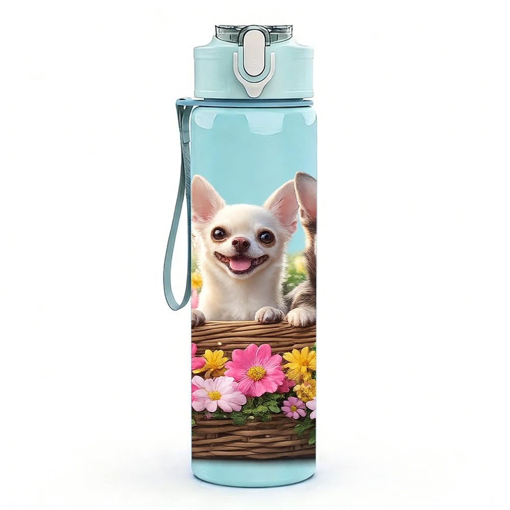 1PC Three Chihuahua Dog Print 750ml Color Plastic Sports Water Bottle Leakproof Flip Straw Lid Suitable for Sports Office Home Use