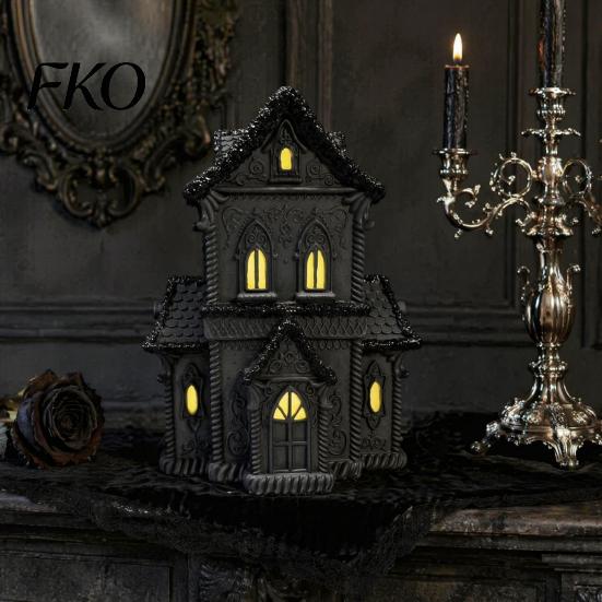 Lighted Gothic Home Decor Halloween Village House Statue with LED Light, Style Table Centerpiece Black Spooky Figurine for Tabletop Holiday