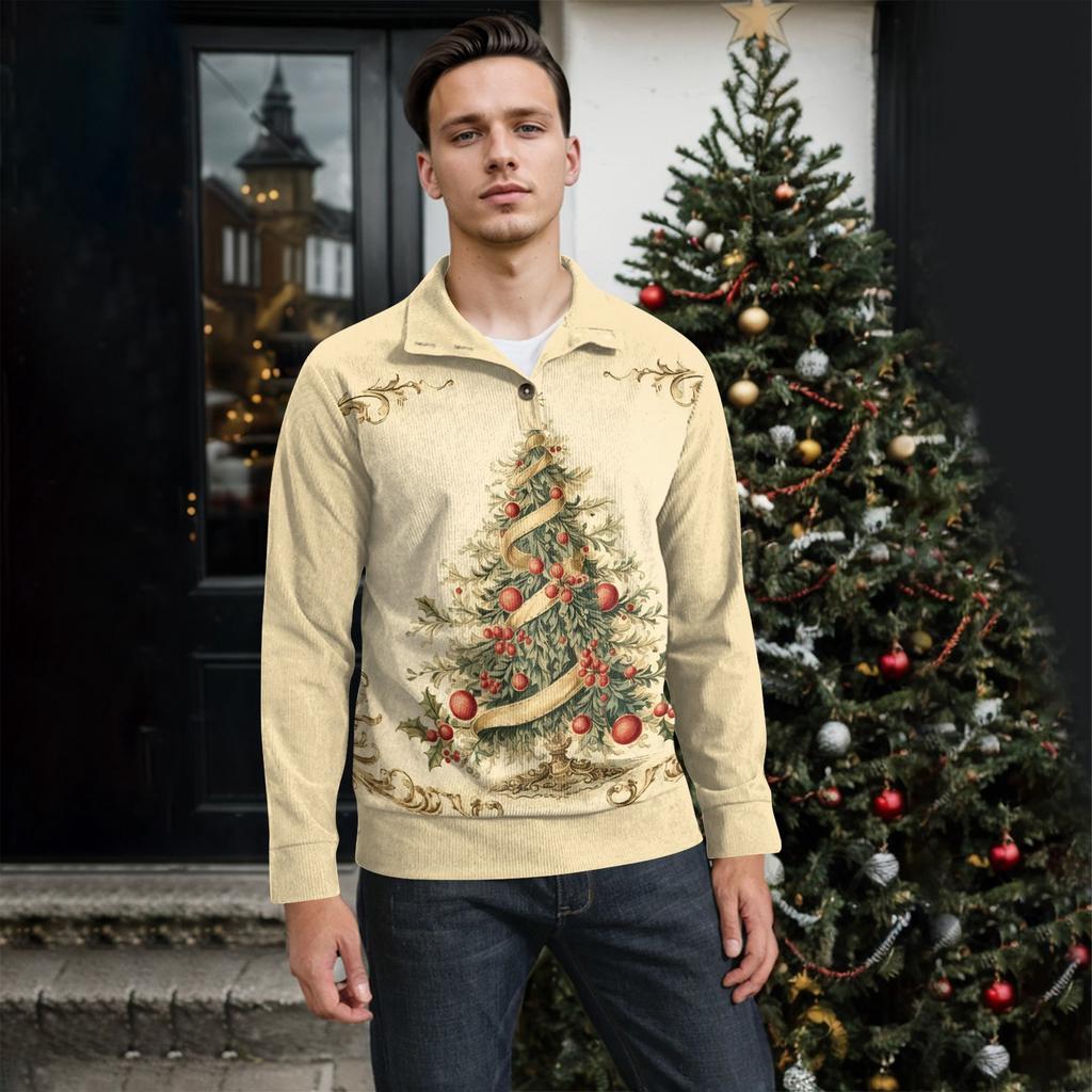 Мужская рождественская хлопковая рубашка-пуловер с длинным рукавом для активного отдыха, винтажная вельветовая рубашка с воротником-стойкой и пуговицами, повседневная толстовка с рождественским принтом