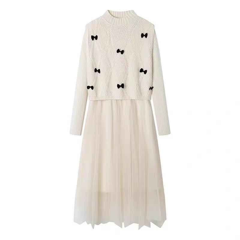 Женское трикотажное платье с нерегулярной сетчатой ​​строчкой, короткий свитер с небольшим благовонием, жилет, осенне-зимний костюм из двух предметов