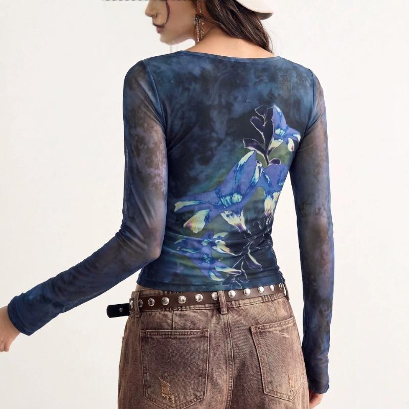Women S Slim Fit Round Neck Long Sleeve Mesh T Shirt With Floral Print