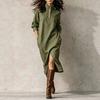 Women's Linen Blended Loose Collar Tie Front Belt Pocket Dress