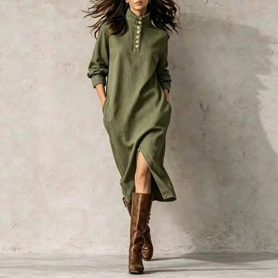 Women's Linen Blended Loose Collar Tie Front Belt Pocket Dress