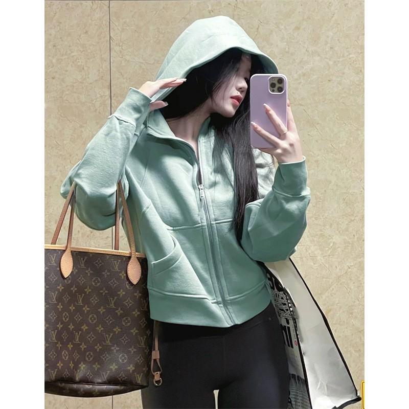 Womens Fitted Hooded Zip-Up Sweatshirt Jacket Short Length Warm Lined Casual Top