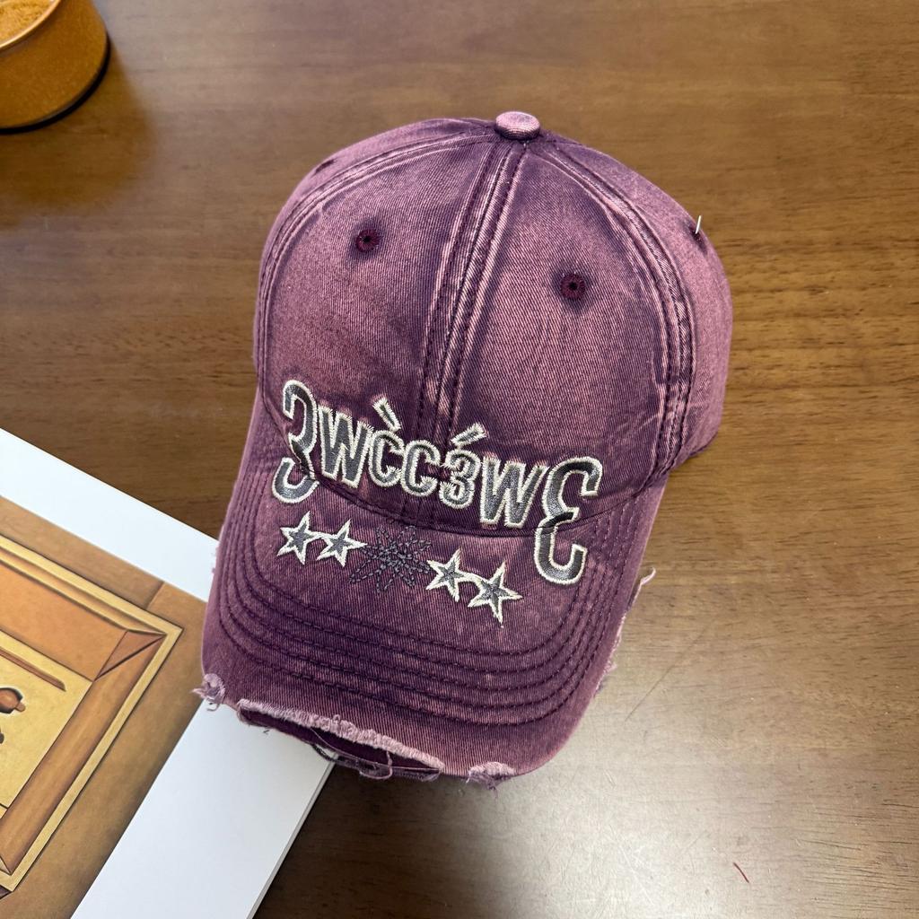 American retro letter baseball cap for women, fashionable distressed versatile wide-brimmed cap for large head sizes, makes the face look smaller,