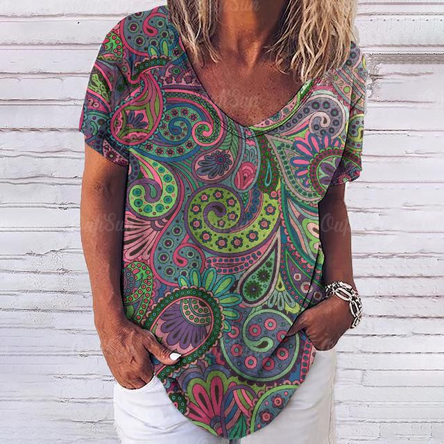 Винтажный топ с принтом, женская уличная одежда с короткими рукавами, летняя футболка, женская модная повседневная футболка с v-образным вырезом, женская одежда большого размера Y2k