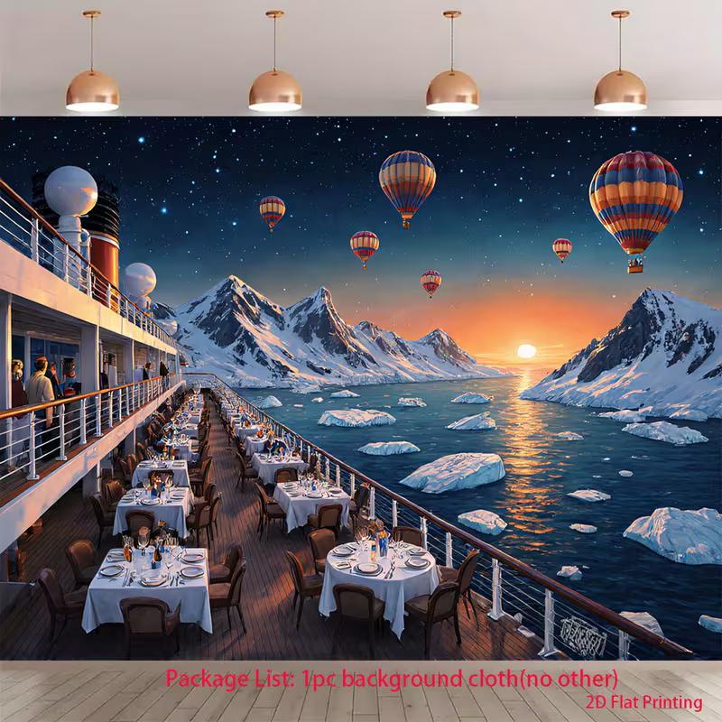 2D Cruise Ship Tapestry for Living Room, Luxury Deck Dining with Arctic Icebergs and Sunset
